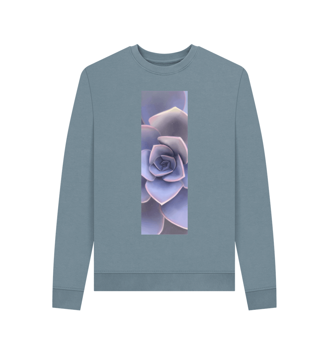 Stone Blue Women\u2019s pastel purple ombr\u00e9 succulent banner sweater.