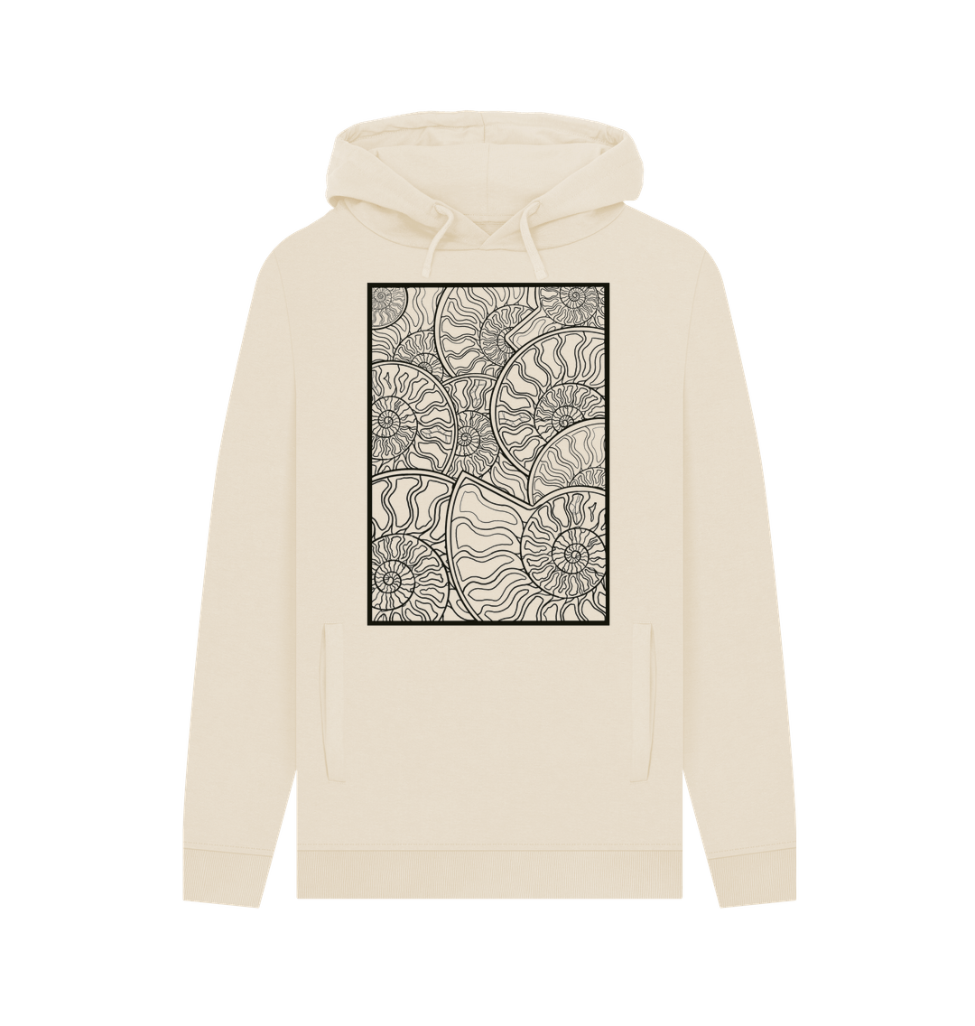 Oat Unisex black lined ammonite fossil hoodie.