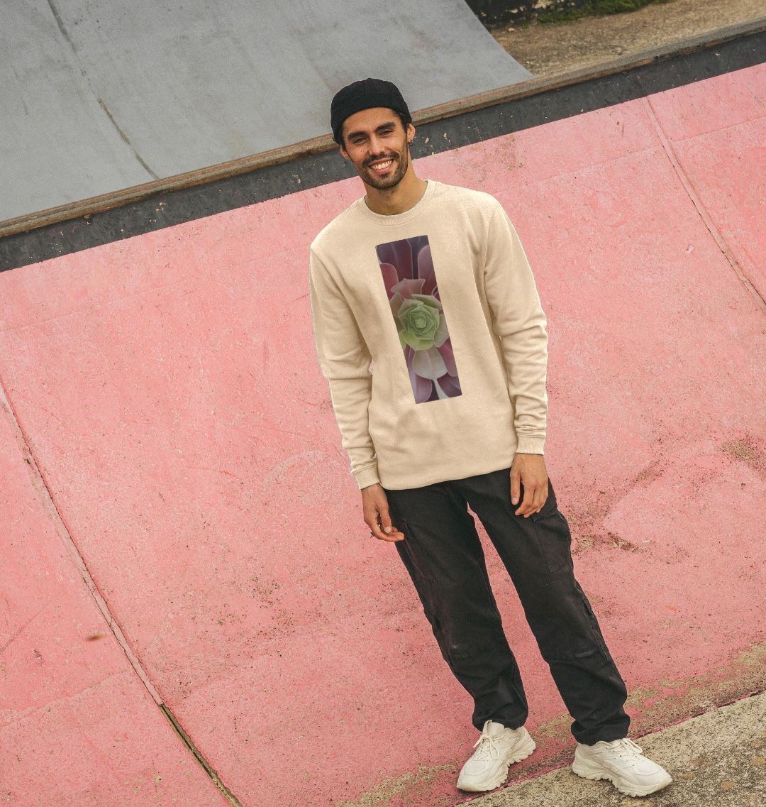 Men’s green to purple succulent banner sweater.