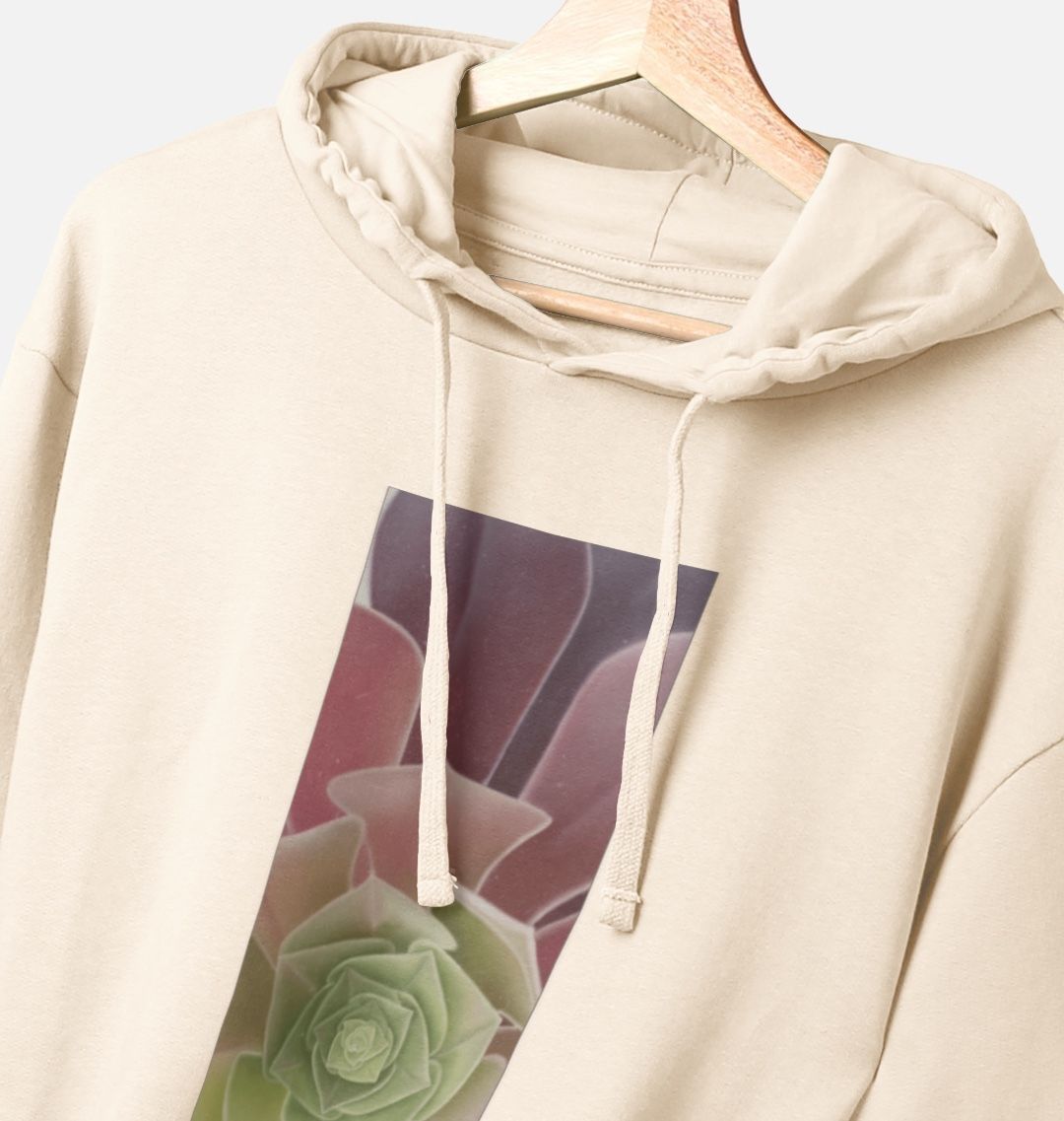 Unisex green to purple ombré succulent banner hoodie.