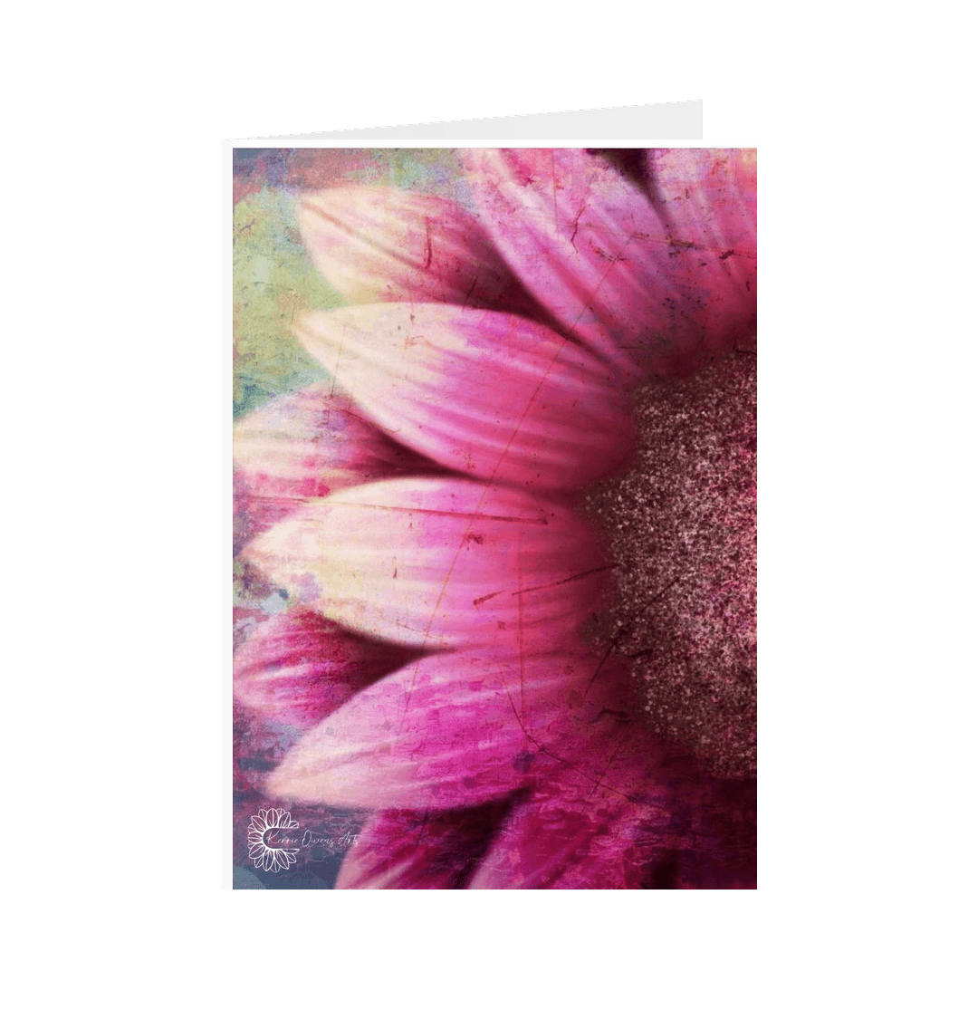 White Textured pink sunflower greetings card.