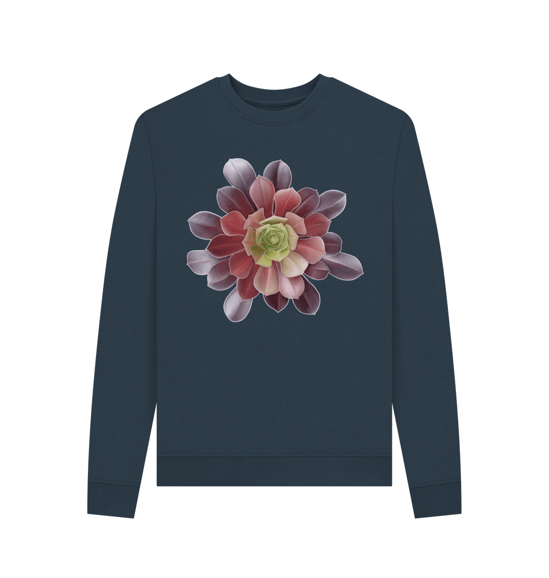 Navy Blue Women\u2019s green to red ombr\u00e9 succulent crewneck sweatshirt.