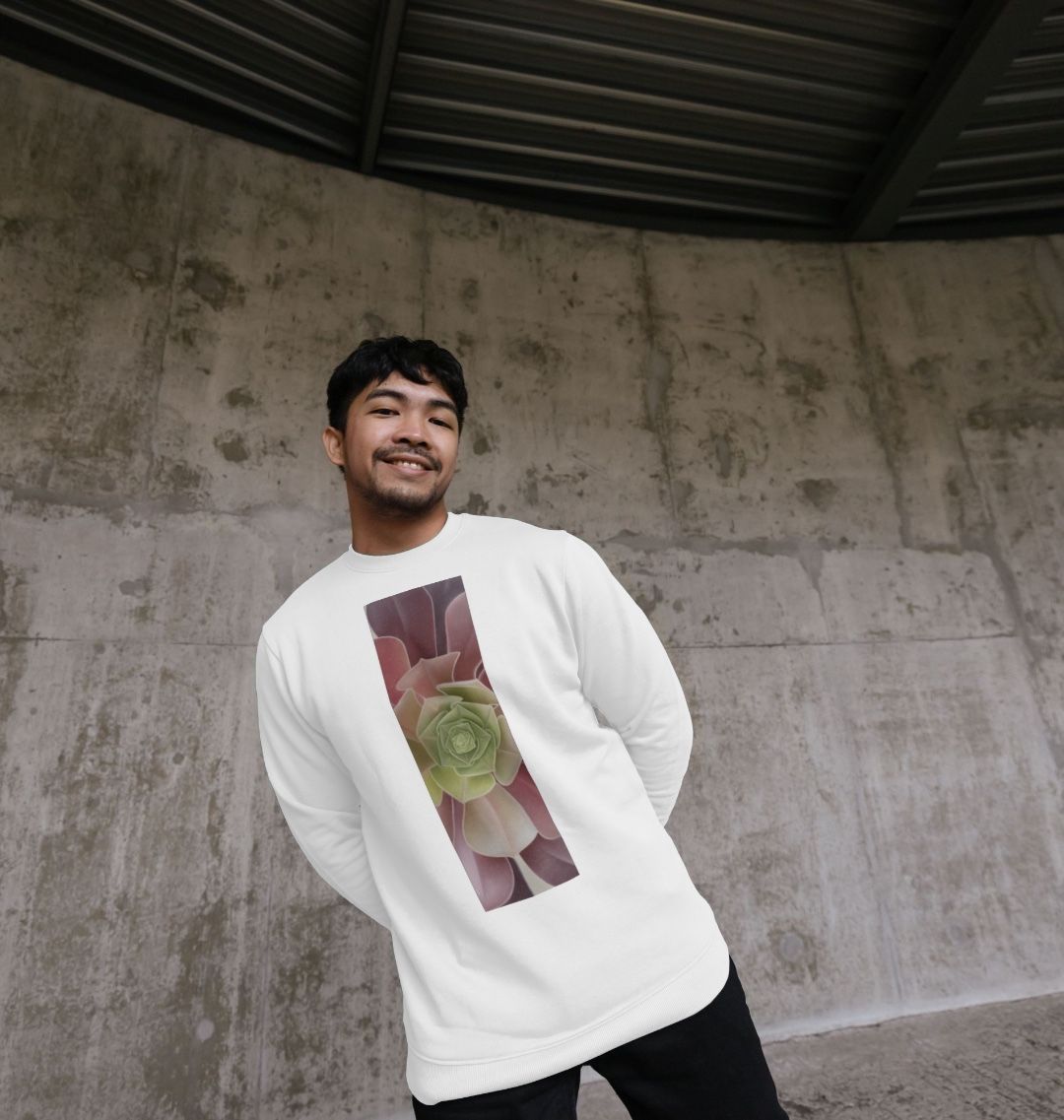 Men’s green to purple succulent banner sweater.