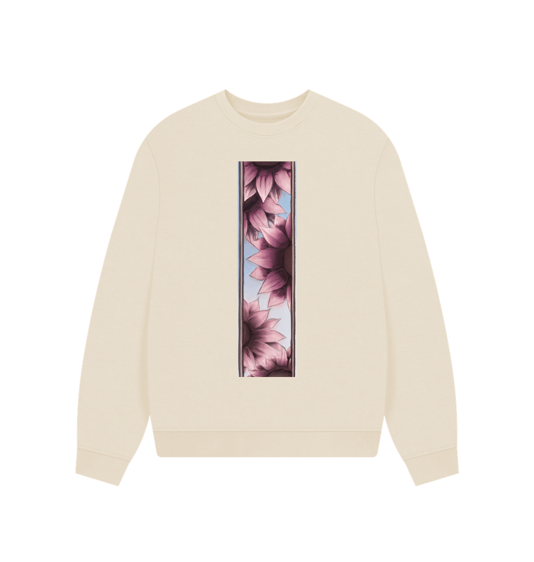 Oat Stripe of pink sunflowers women\u2019s oversized sweatshirt.