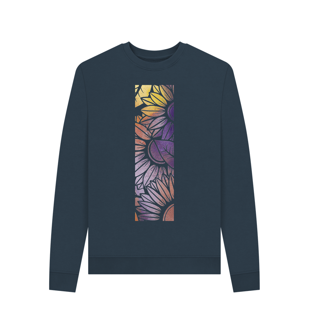 Navy Blue Women\u2019s rainbow spray painted sunflower sweatshirt.