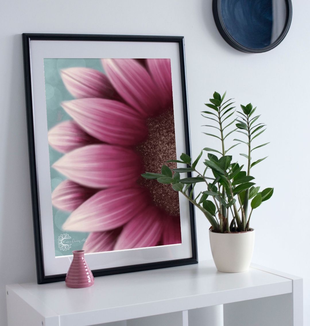 Side view pink sunflower poster print.