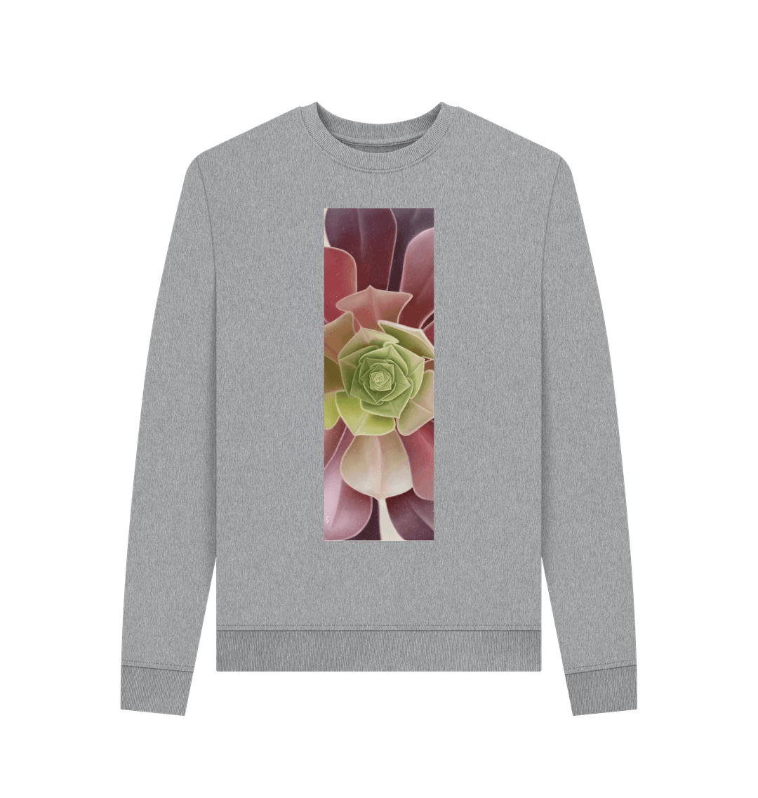Light Heather Woman\u2019s green to purple ombr\u00e9 succulent banner sweater.