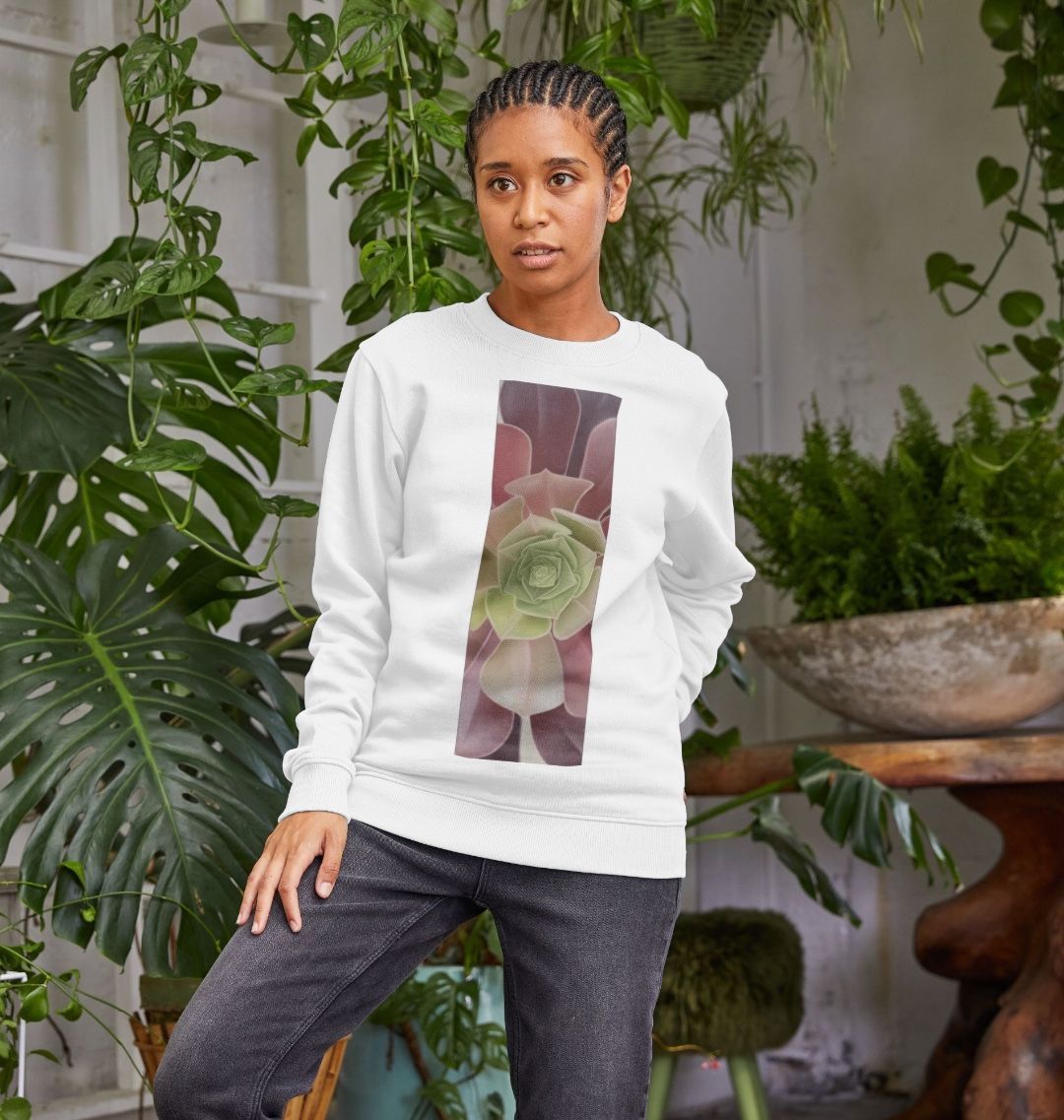 Woman’s green to purple ombré succulent banner sweater.