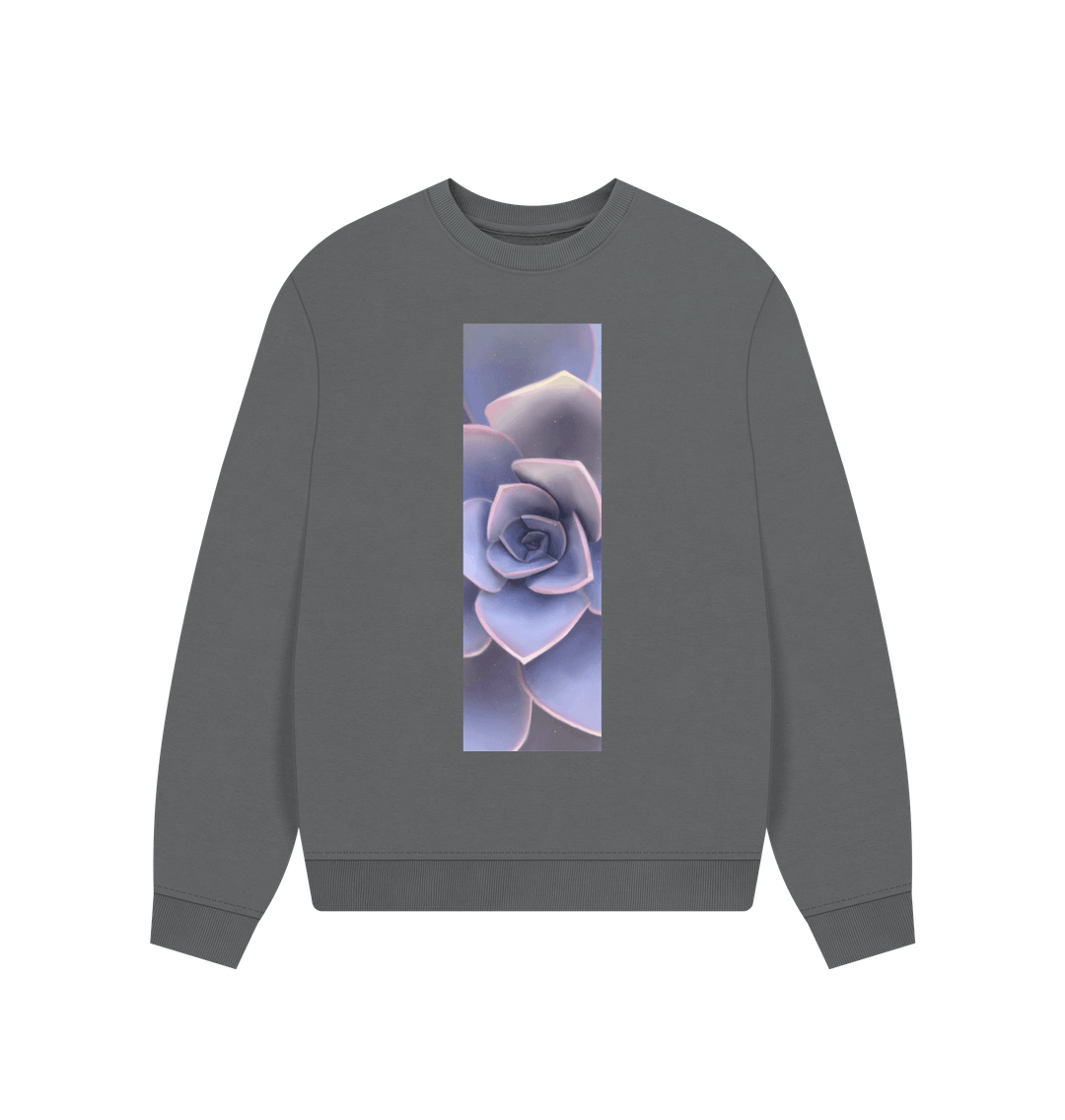 Slate Grey Women\u2019s pastel purple succulent banner oversized sweatshirt.