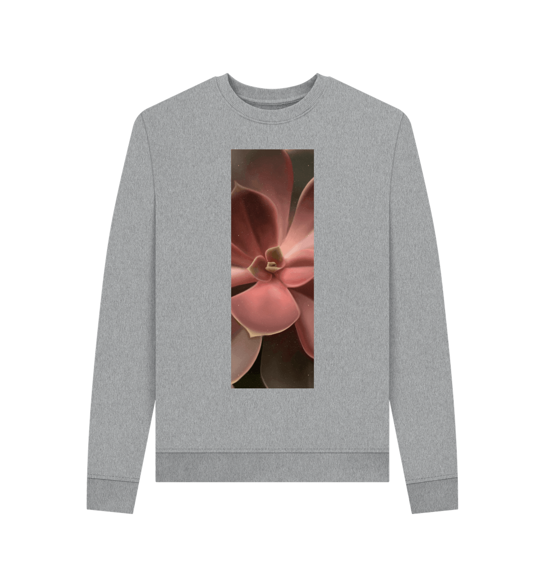 Light Heather Woman\u2019s red to green succulent banner sweater.