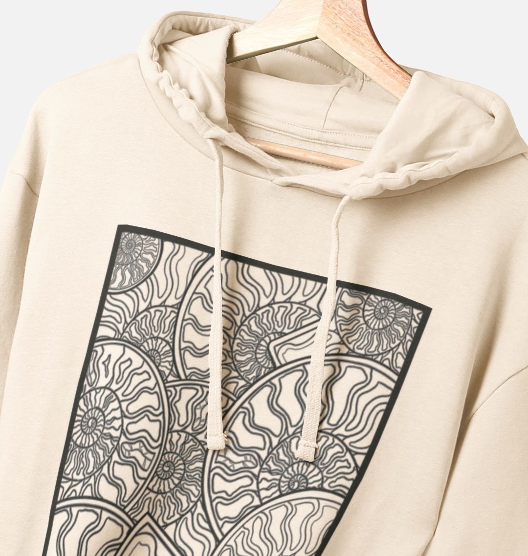 Unisex black lined ammonite fossil hoodie.