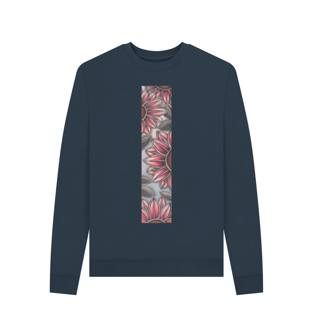 Navy Blue Stain glass sunflowers women\u2019s sweatshirt.