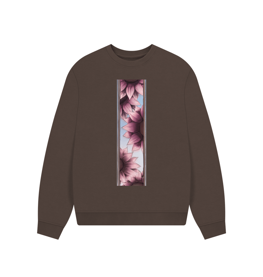 Chocolate Stripe of pink sunflowers women\u2019s oversized sweatshirt.