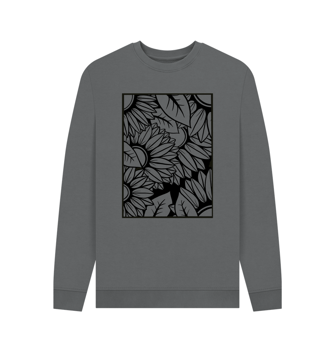 Slate Grey Mens sunflower outline crewneck sweatshirt.