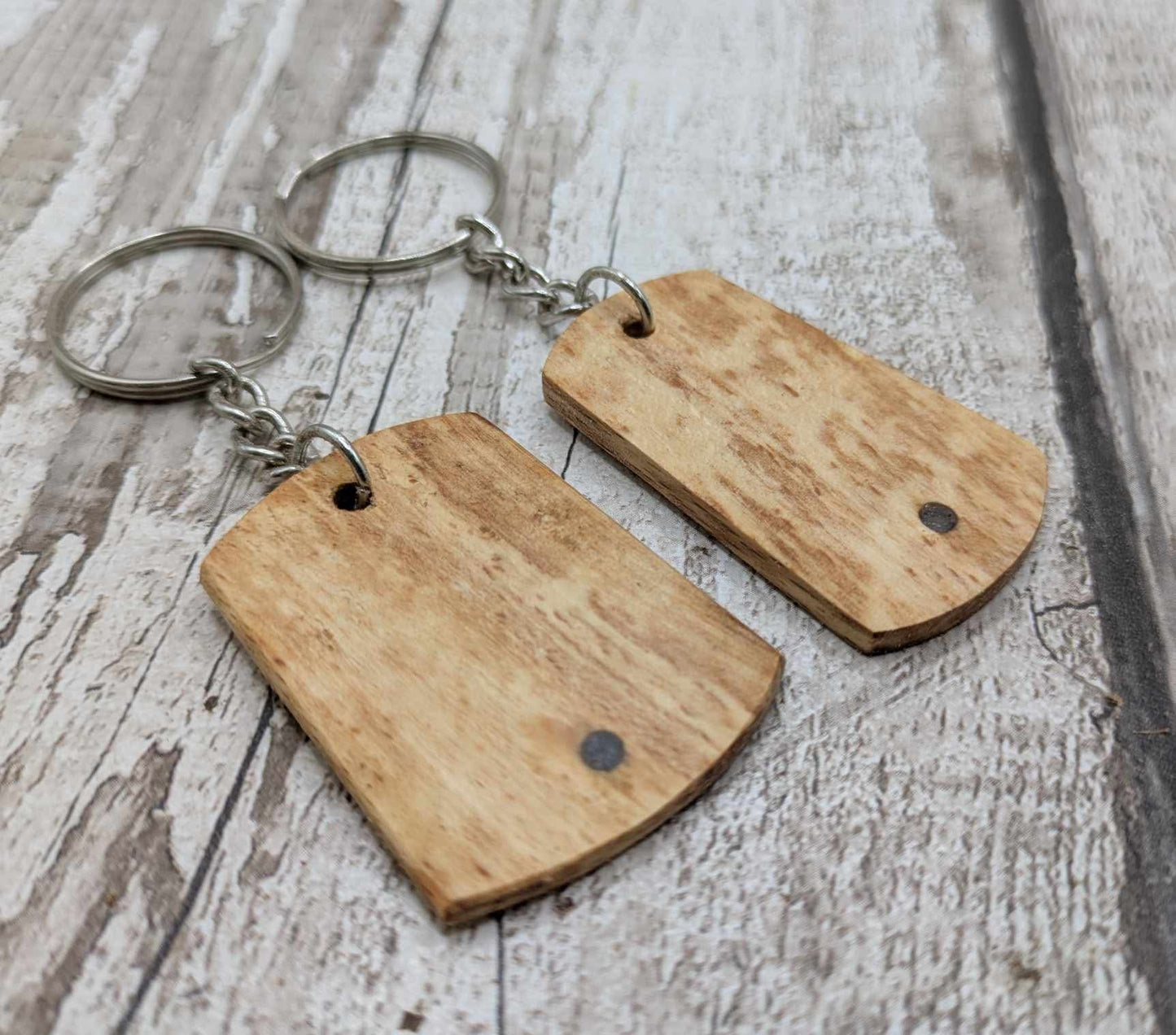 Beech wood keyrings and blue kyanite inlay.