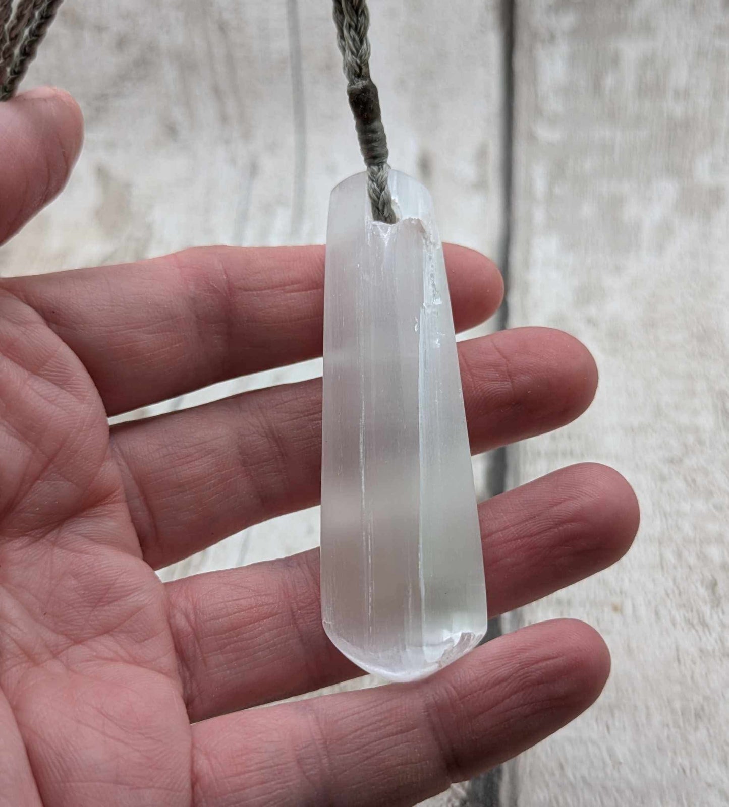Selenite satin spar roimata pendant.