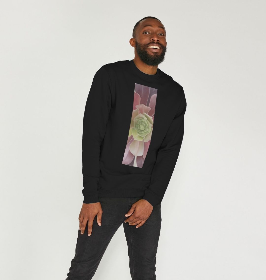 Men’s green to purple succulent banner sweater.