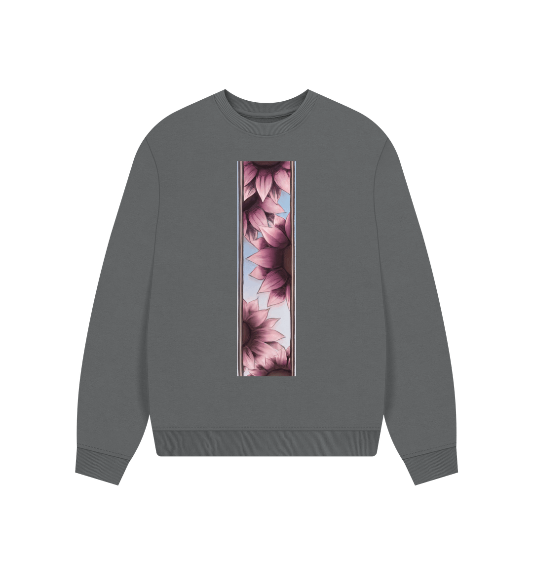 Slate Grey Stripe of pink sunflowers women\u2019s oversized sweatshirt.