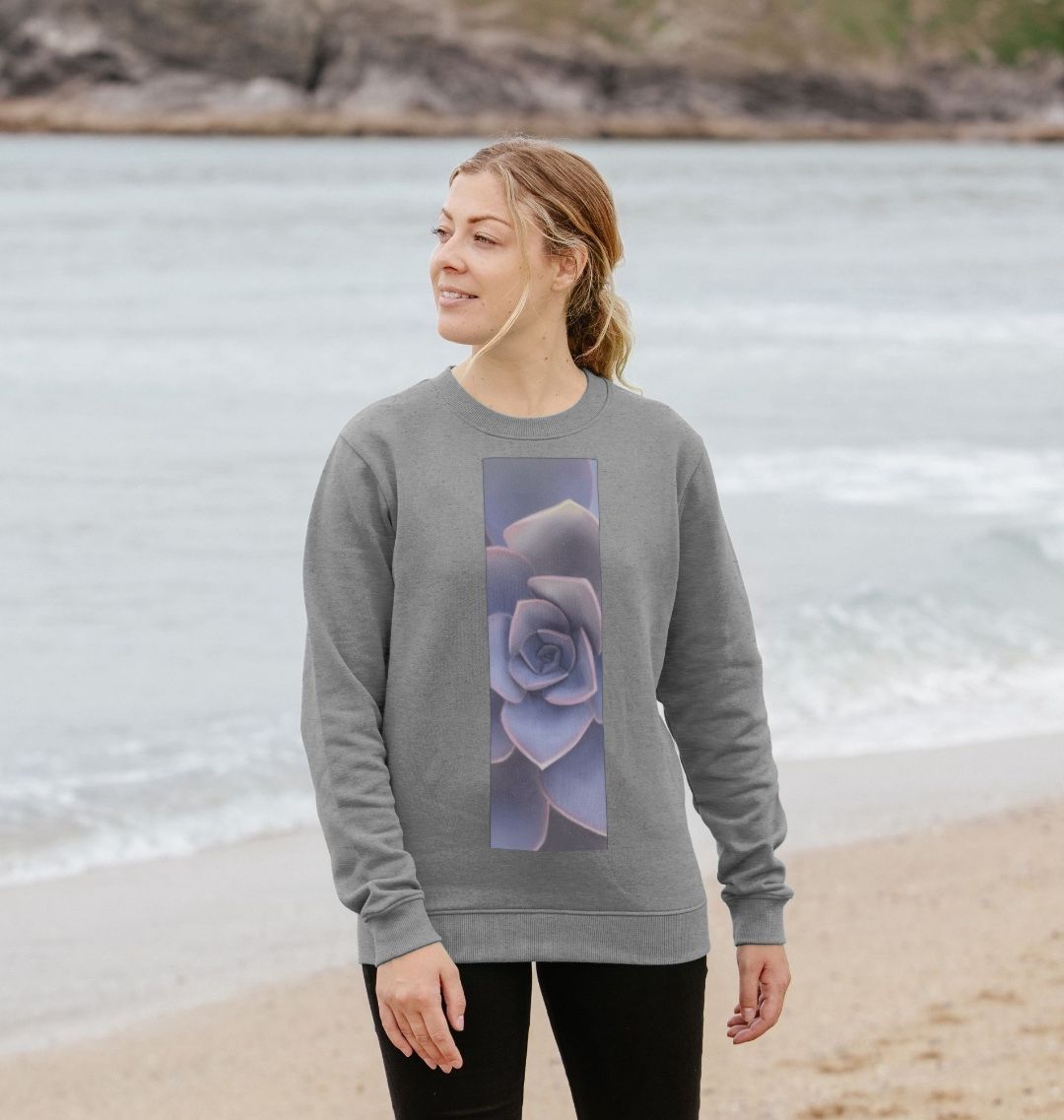 Women’s pastel purple ombré succulent banner sweater.