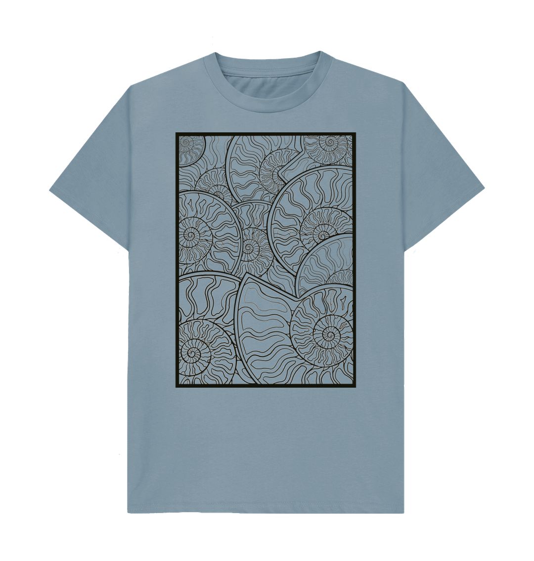 Stone Blue Unisex Black lined ammonite T-shirt.