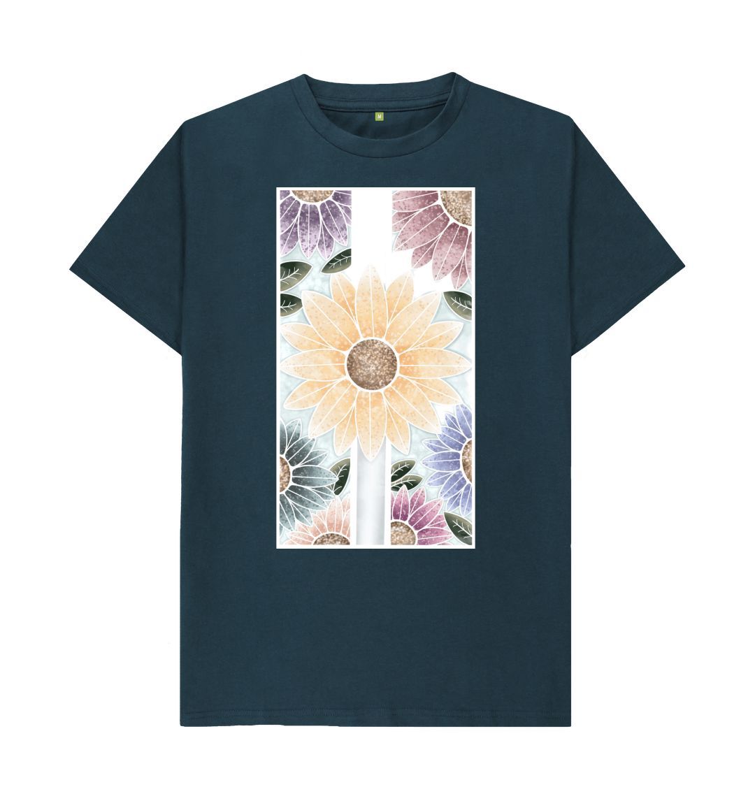 Denim Blue Unisex sunflower banner motif t-shirt.