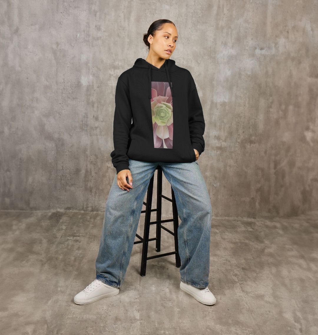Unisex green to purple ombré succulent banner hoodie.