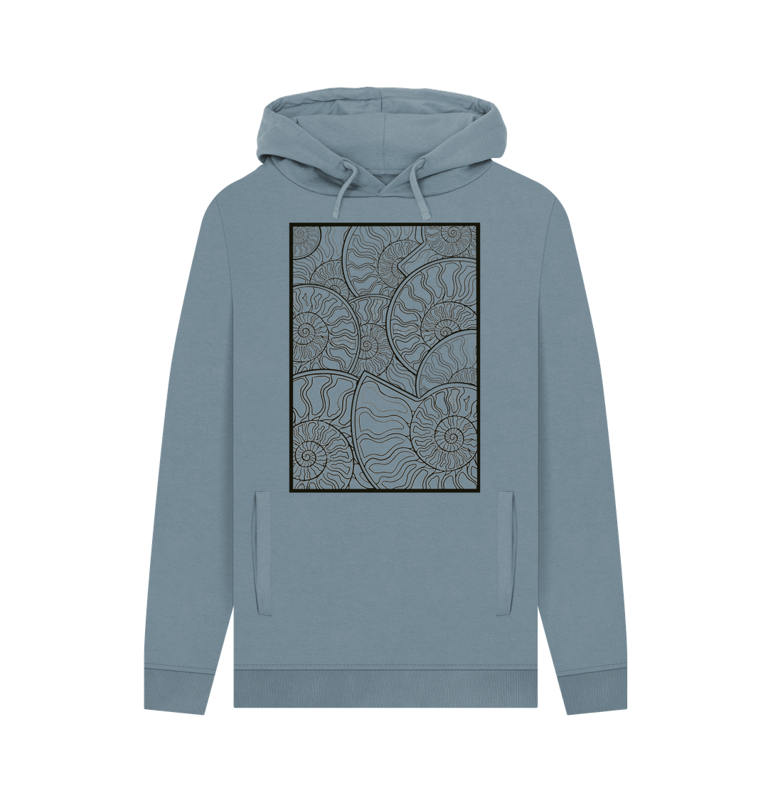 Stone Blue Unisex black lined ammonite fossil hoodie.