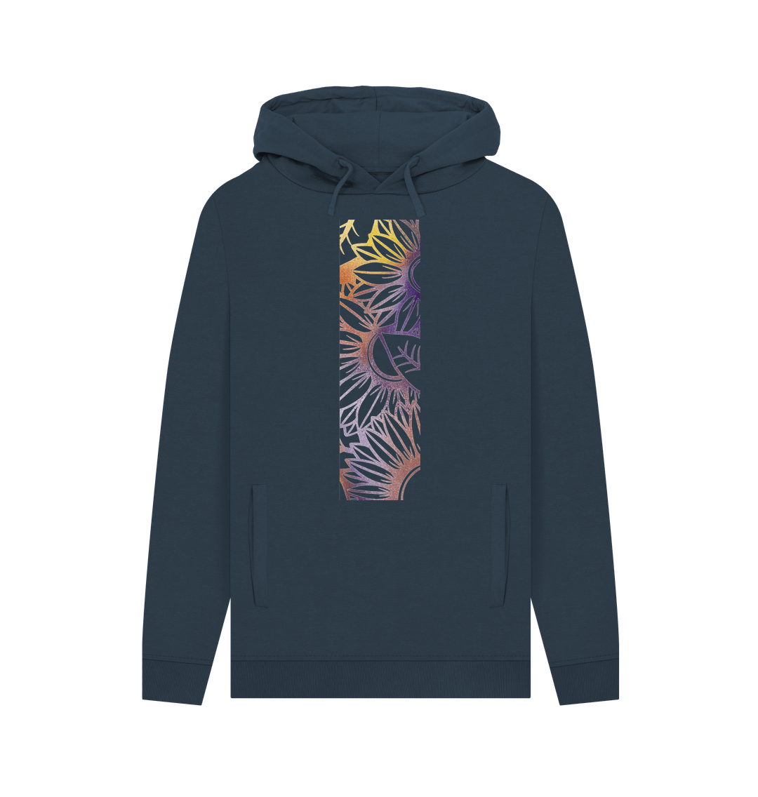 Navy Unisex spray painted sunflower hoodie.