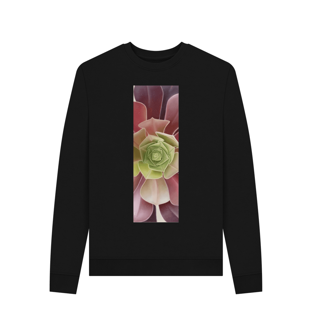 Black Woman\u2019s green to purple ombr\u00e9 succulent banner sweater.