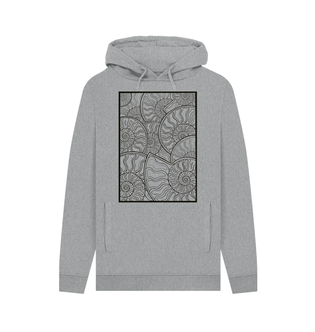 Light Heather Unisex black lined ammonite fossil hoodie.