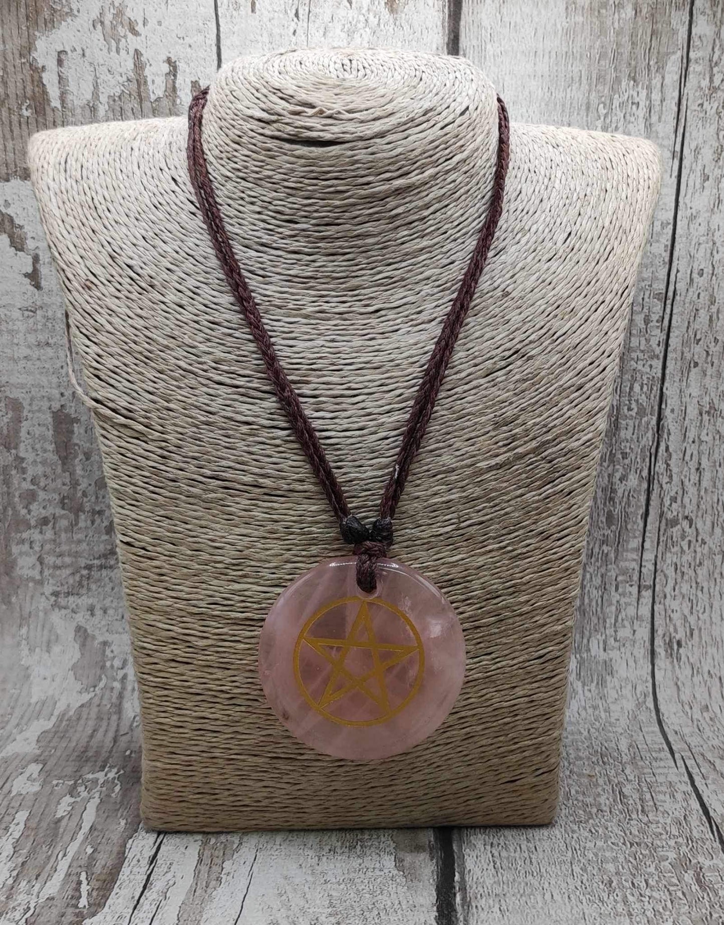 Rose quartz pentagram statement disc pendant.