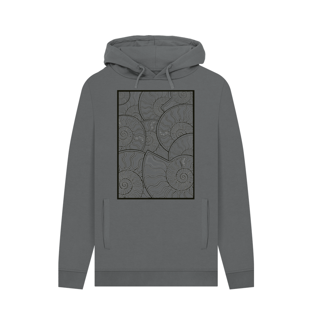 Slate Grey Unisex black lined ammonite fossil hoodie.