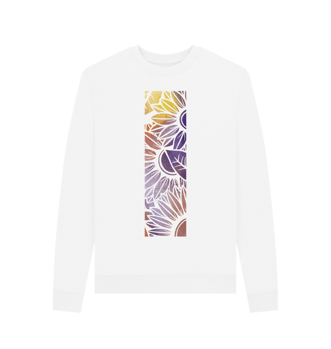 White Women\u2019s rainbow spray painted sunflower sweatshirt.