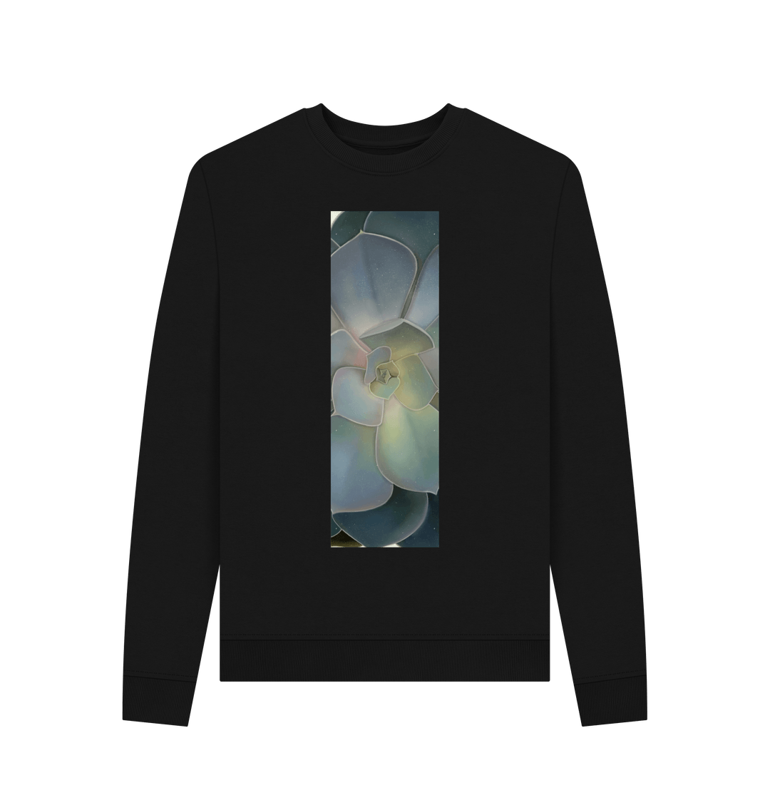 Black Women\u2019s green ombr\u00e9 succulent banner sweater.