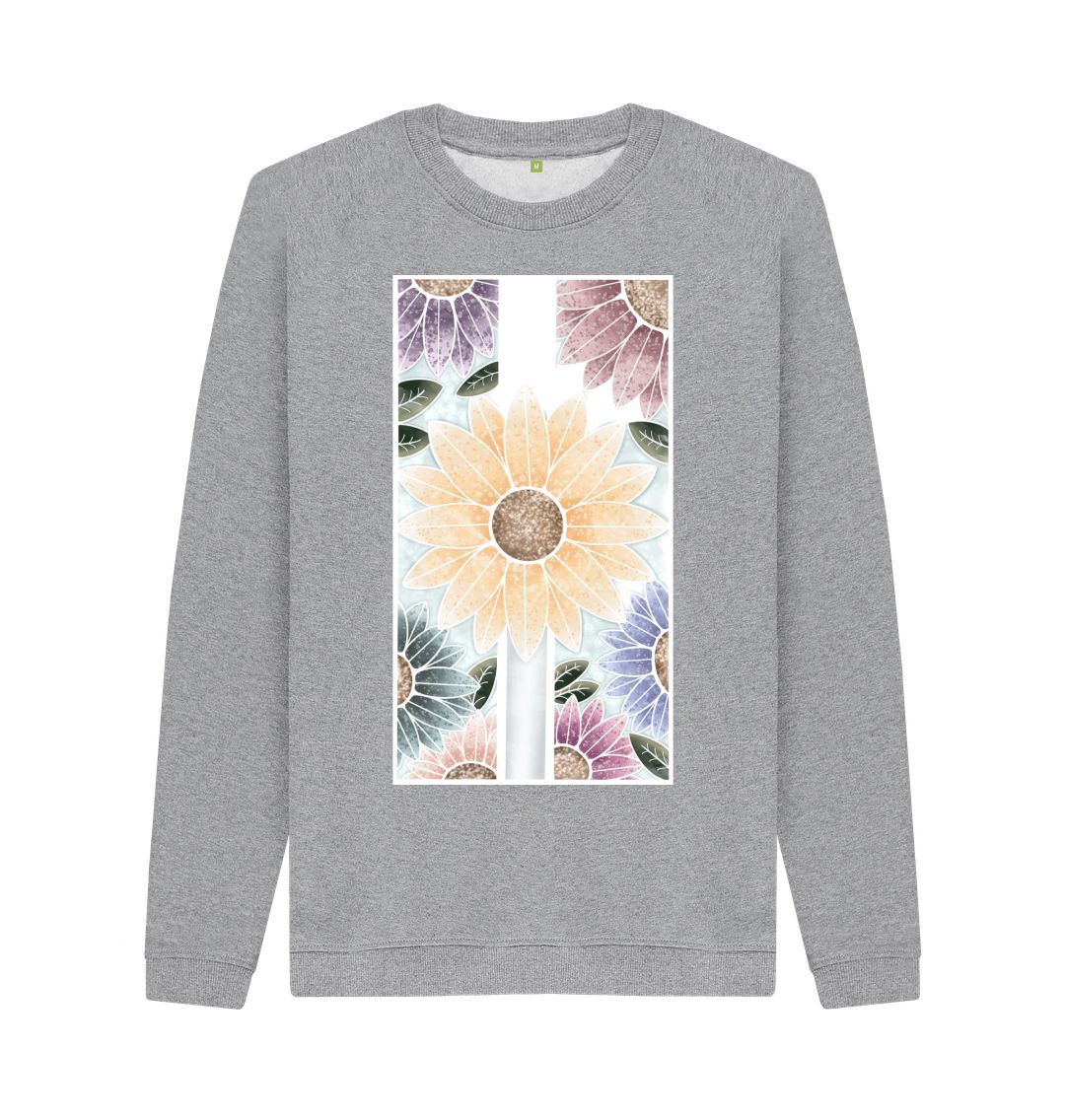 Light Heather Unisex sunflower banner motif sweatshirt.