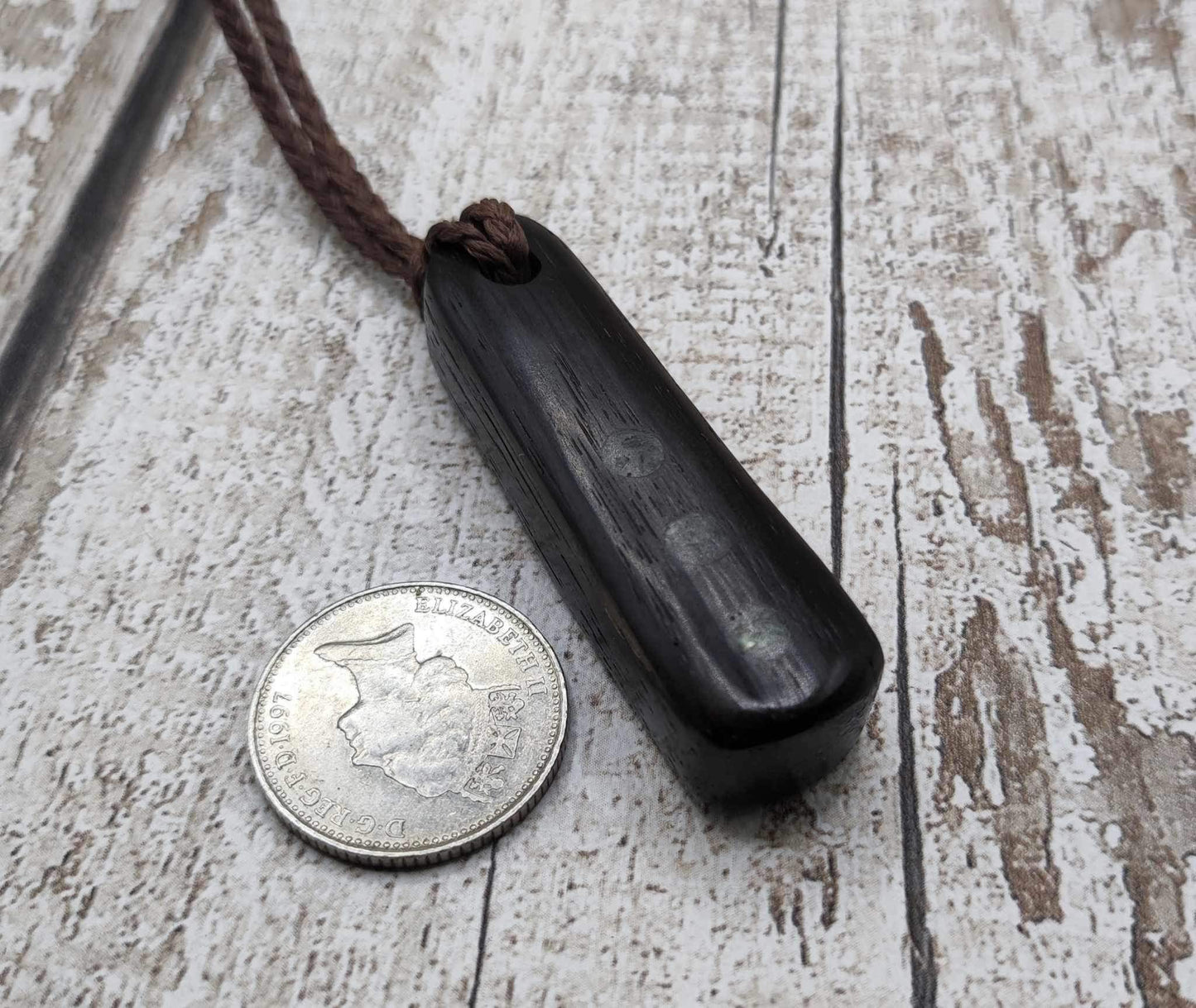 Bog oak with nz Pounamu serpentine, roimata pendant.