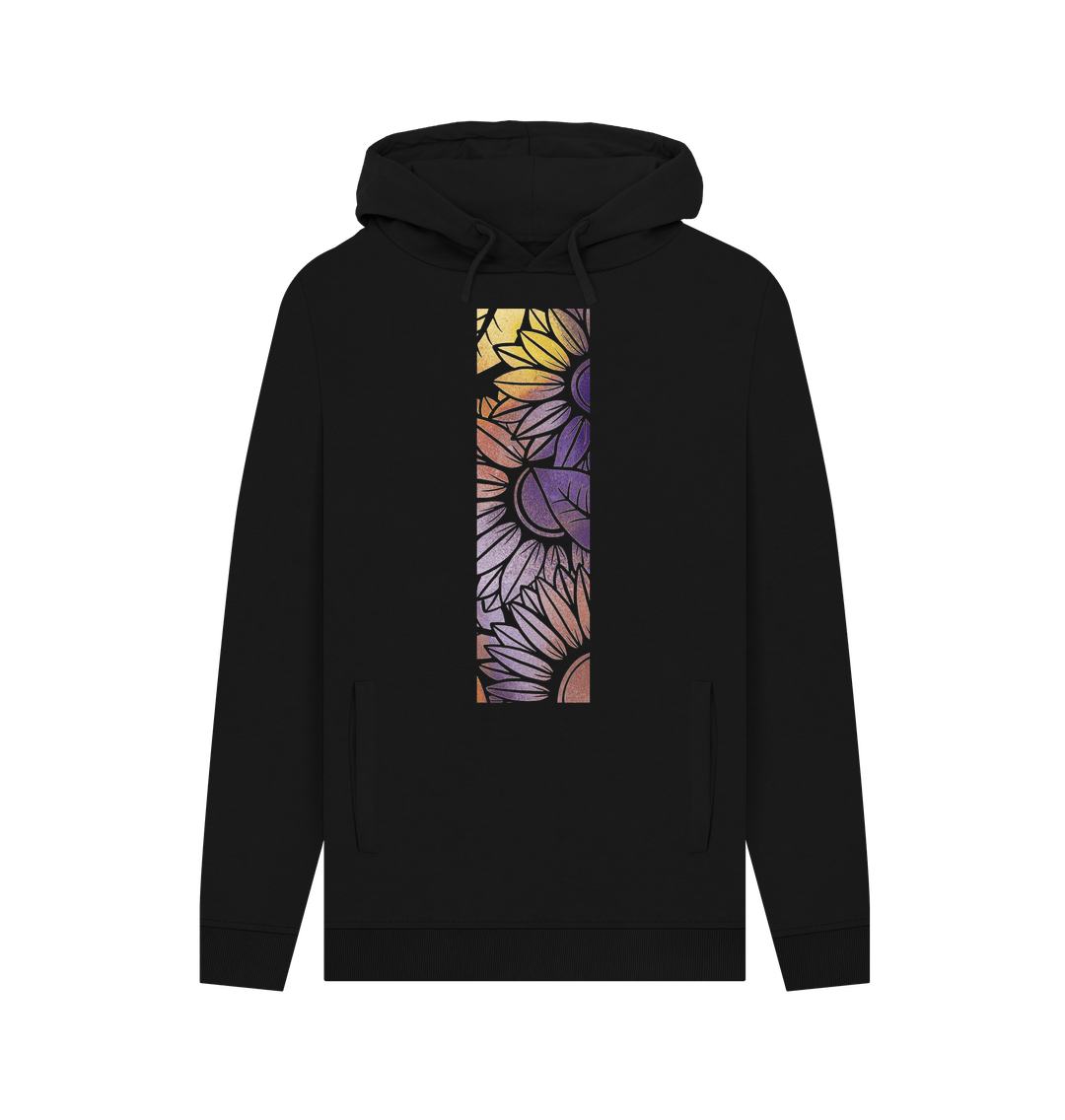 Black Unisex rainbow spray painted sunflower hoodie.