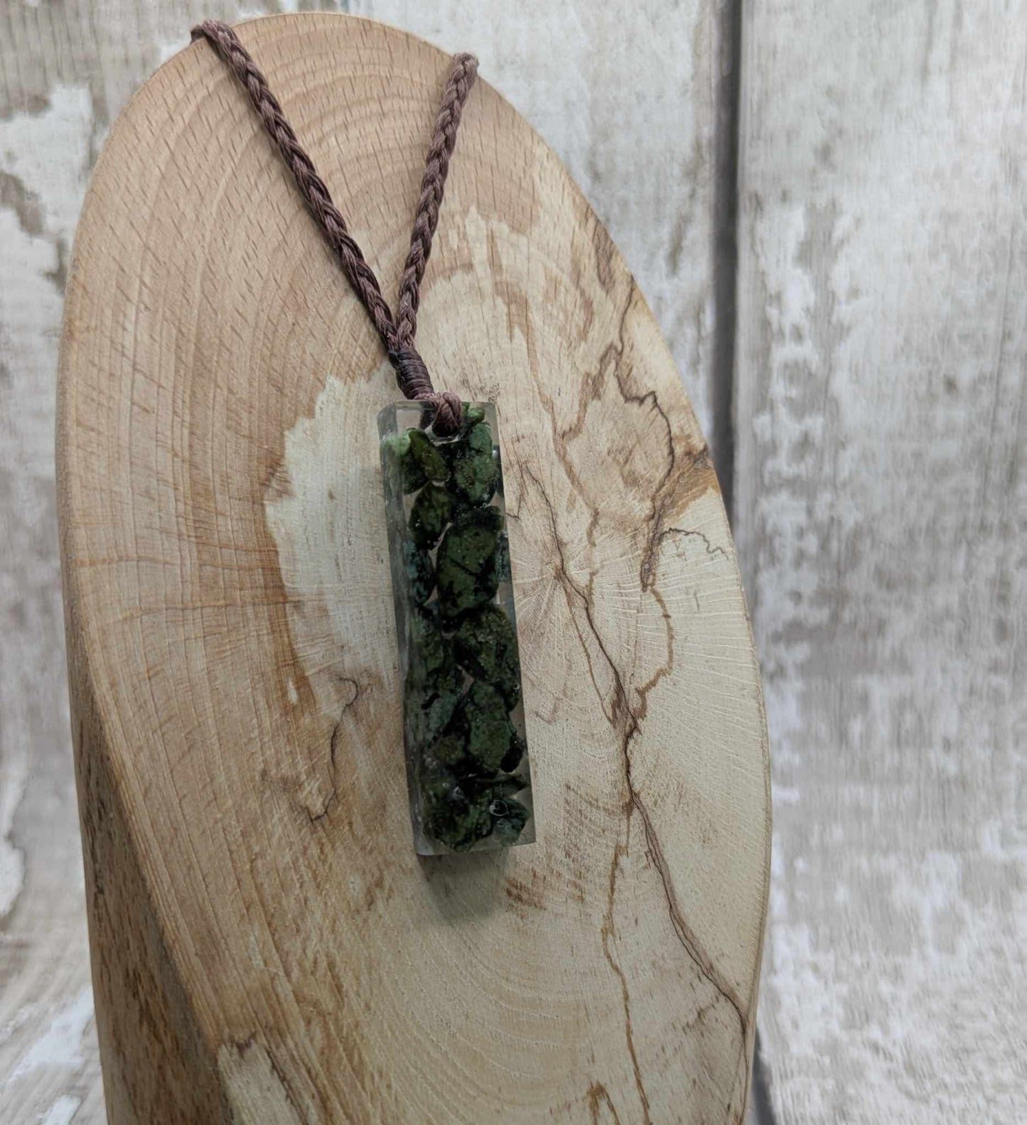 New Zealand mixed Pounamu greenstone chip pendant in UV resin.