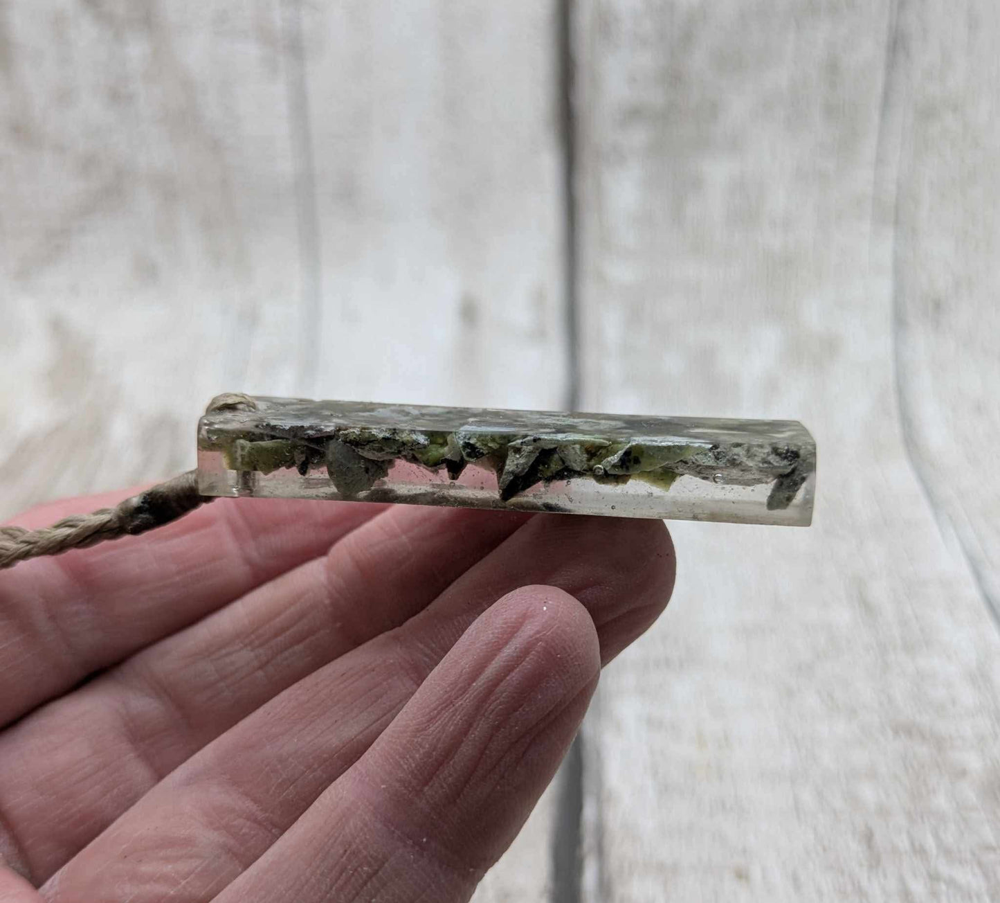New Zealand mixed Pounamu chips pendant in UV resin.