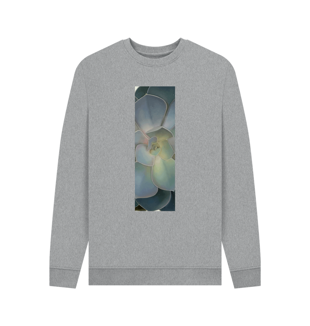 Light Heather Men\u2019s green ombr\u00e9 succulent banner sweater.