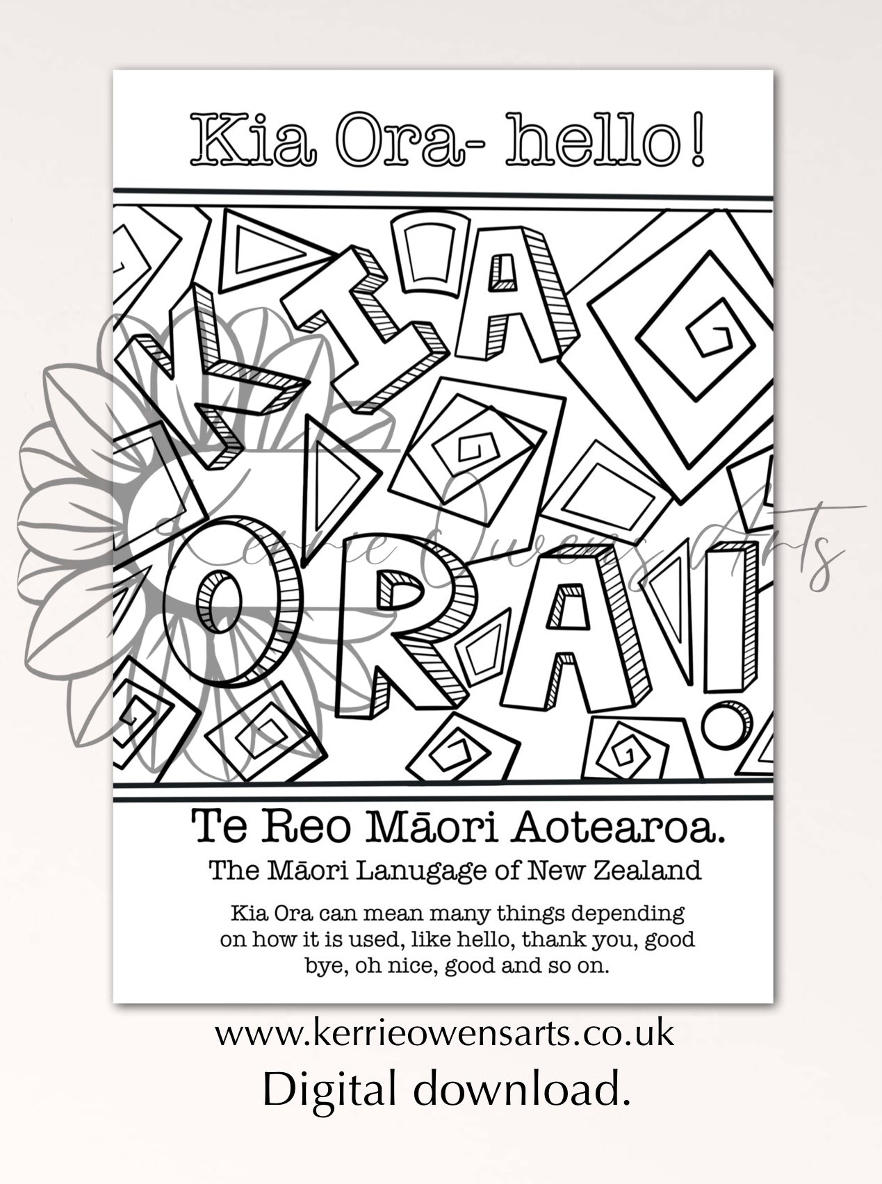 Kia Ora Te Reo Māori colouring book page, digital download.
