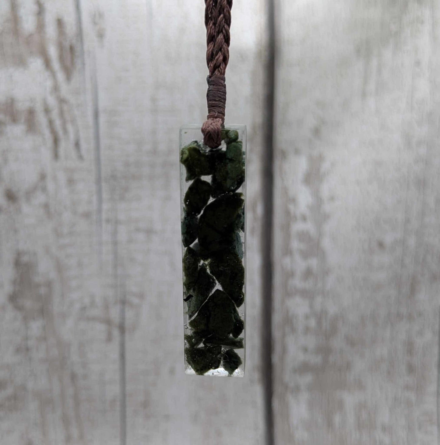 New Zealand mixed Pounamu greenstone chip pendant in UV resin.