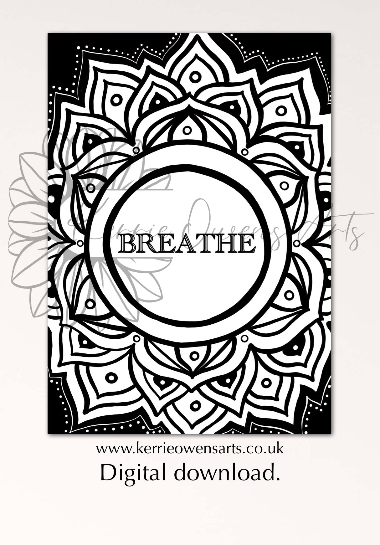 Just breathe geometric lotus colouring book page, digital download.