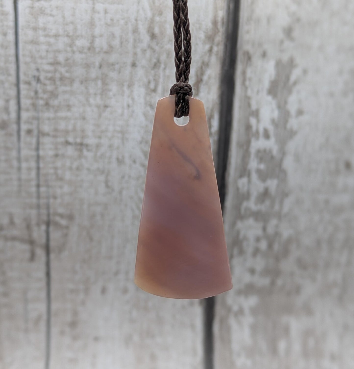 NZ Pink Freshwater Mussel Shell Roimata Trapezoid Pendant – Carved Teardrop with Pearlescent & Natural Shell Sides.