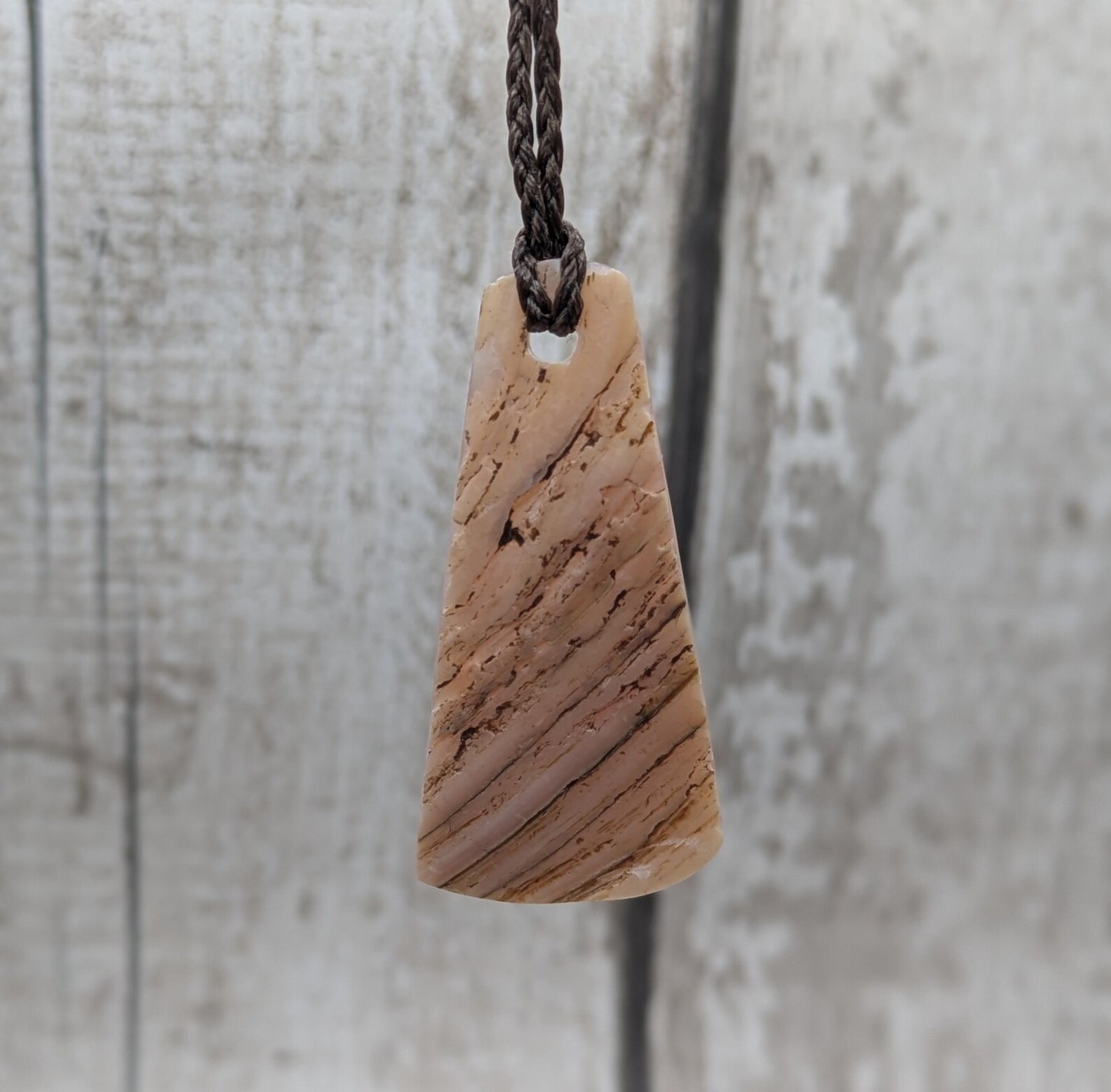 NZ Pink Freshwater Mussel Shell Roimata Trapezoid Pendant – Carved Teardrop with Pearlescent & Natural Shell Sides.