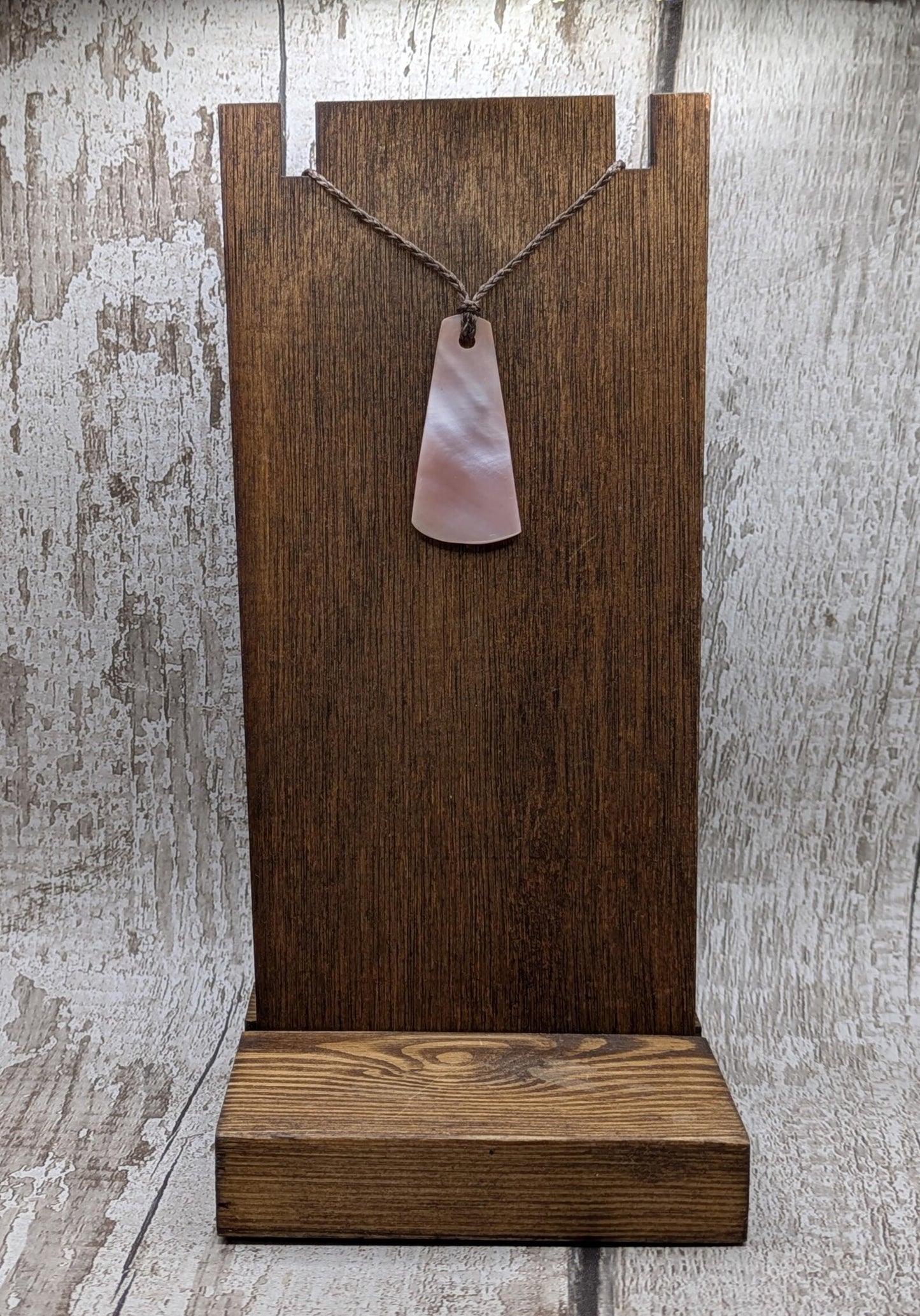NZ Pink Freshwater Mussel Shell Roimata Trapezoid Pendant – Carved Teardrop with Pearlescent & Natural Shell Sides.