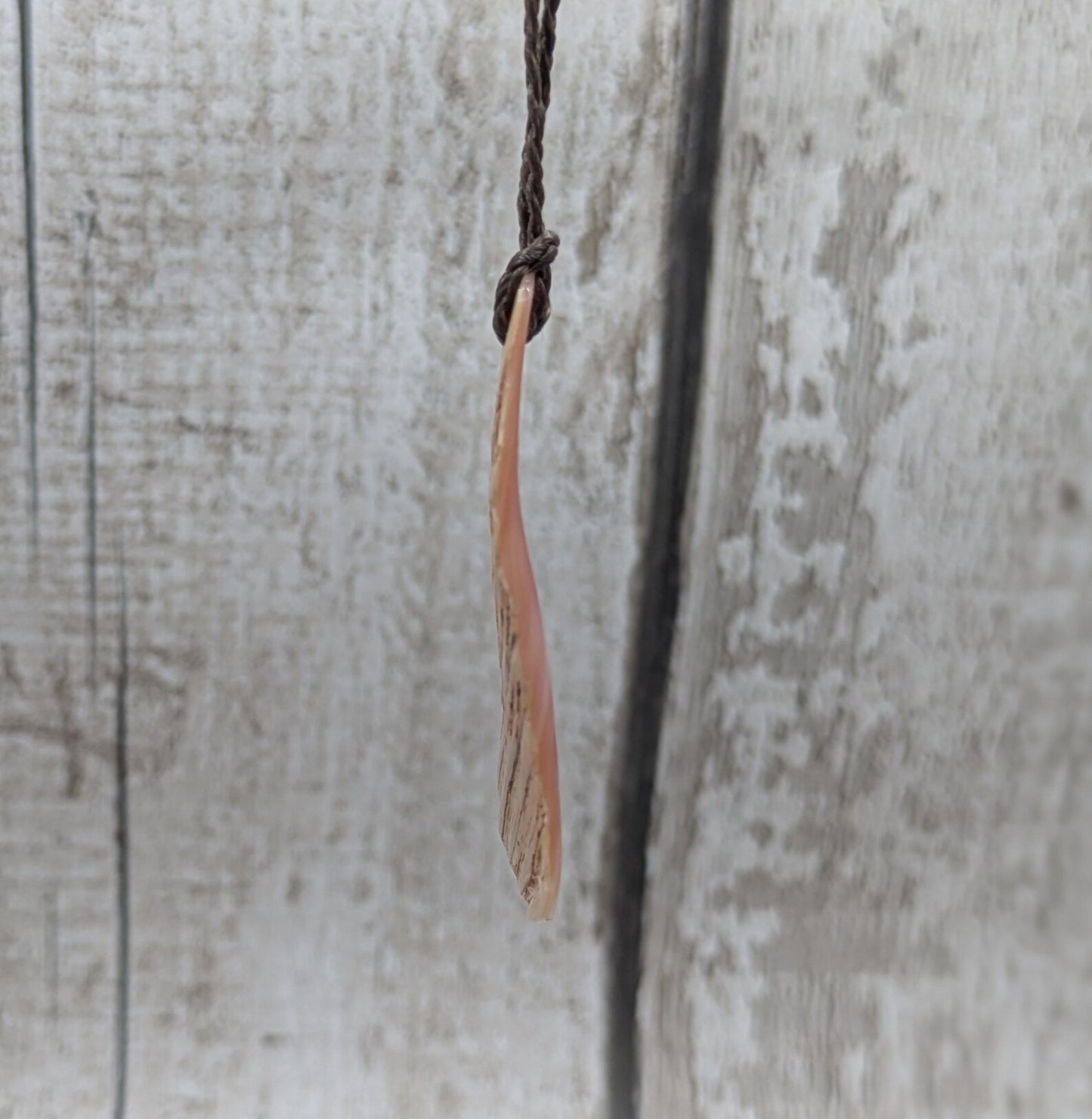 NZ Pink Freshwater Mussel Shell Roimata Trapezoid Pendant – Carved Teardrop with Pearlescent & Natural Shell Sides.