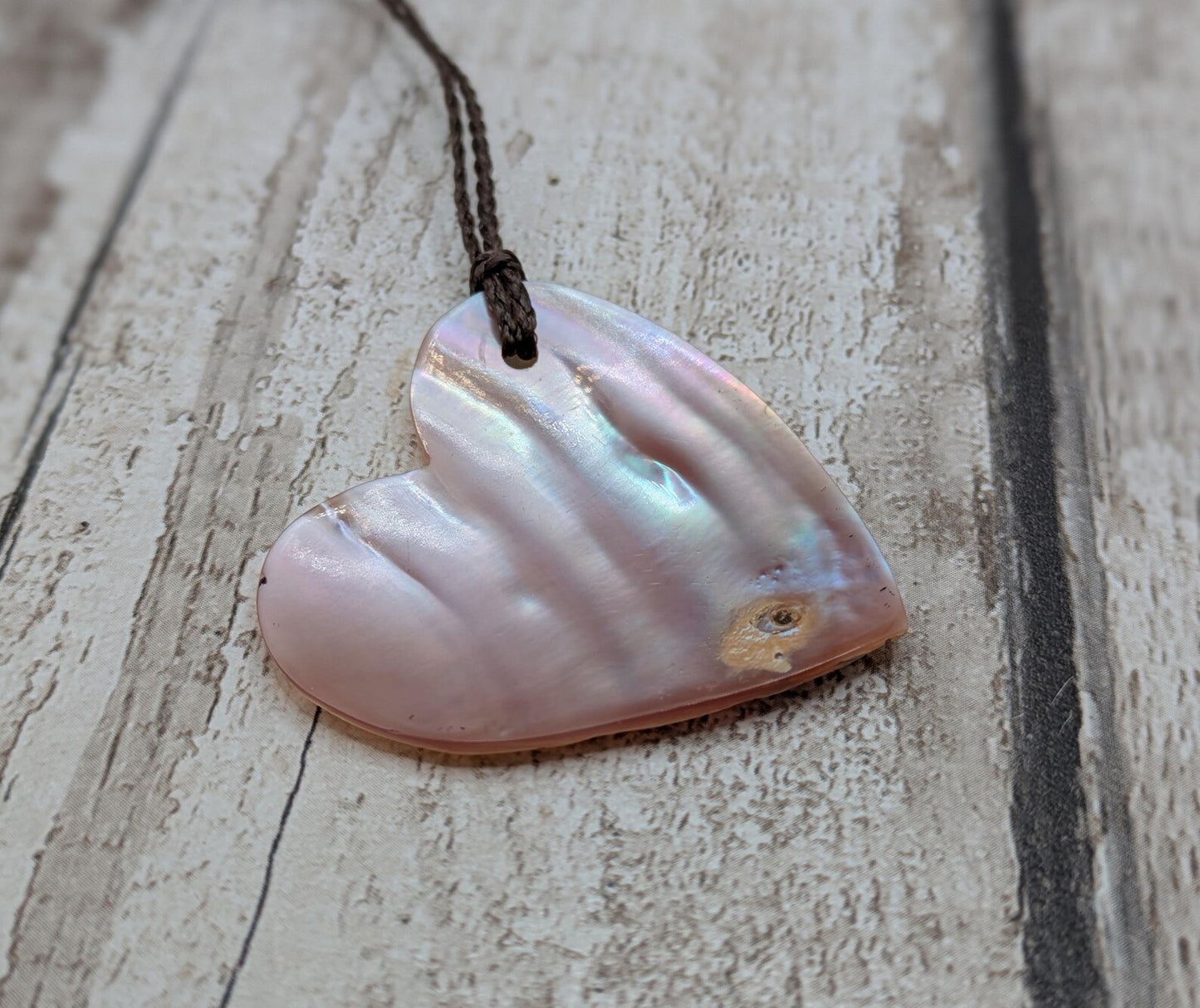 NZ Pink Freshwater Mussel Shell Heart Pendant – Pearlescent Natural Shell on Braided Waxed Cord, romantic gift.