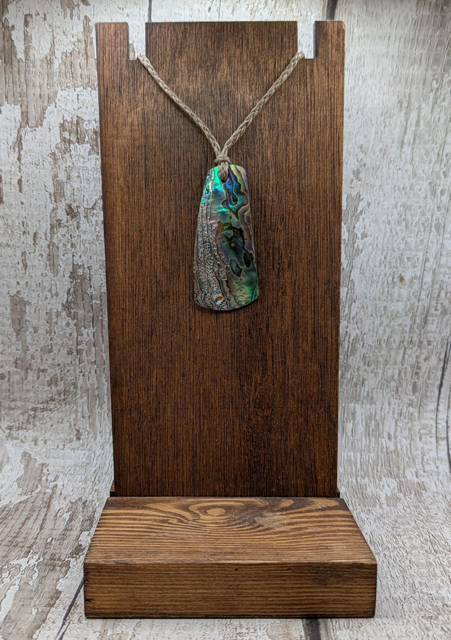 New Zealand Rainbow pāua shell pendant - iridescent abalone necklace, trapezoid shape, oceanic gift, hand crafted jewellery.