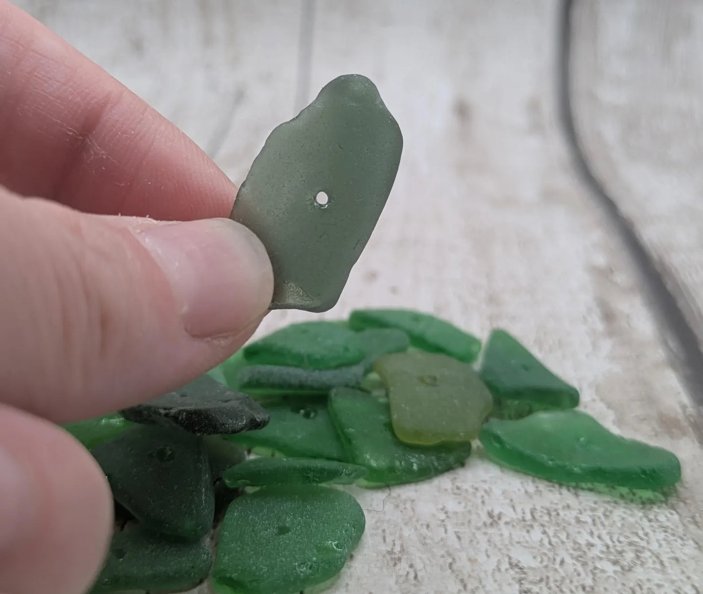20 green centre drilled sea glass beads, centre drilled, locally resourced crafting material, frosted finish.